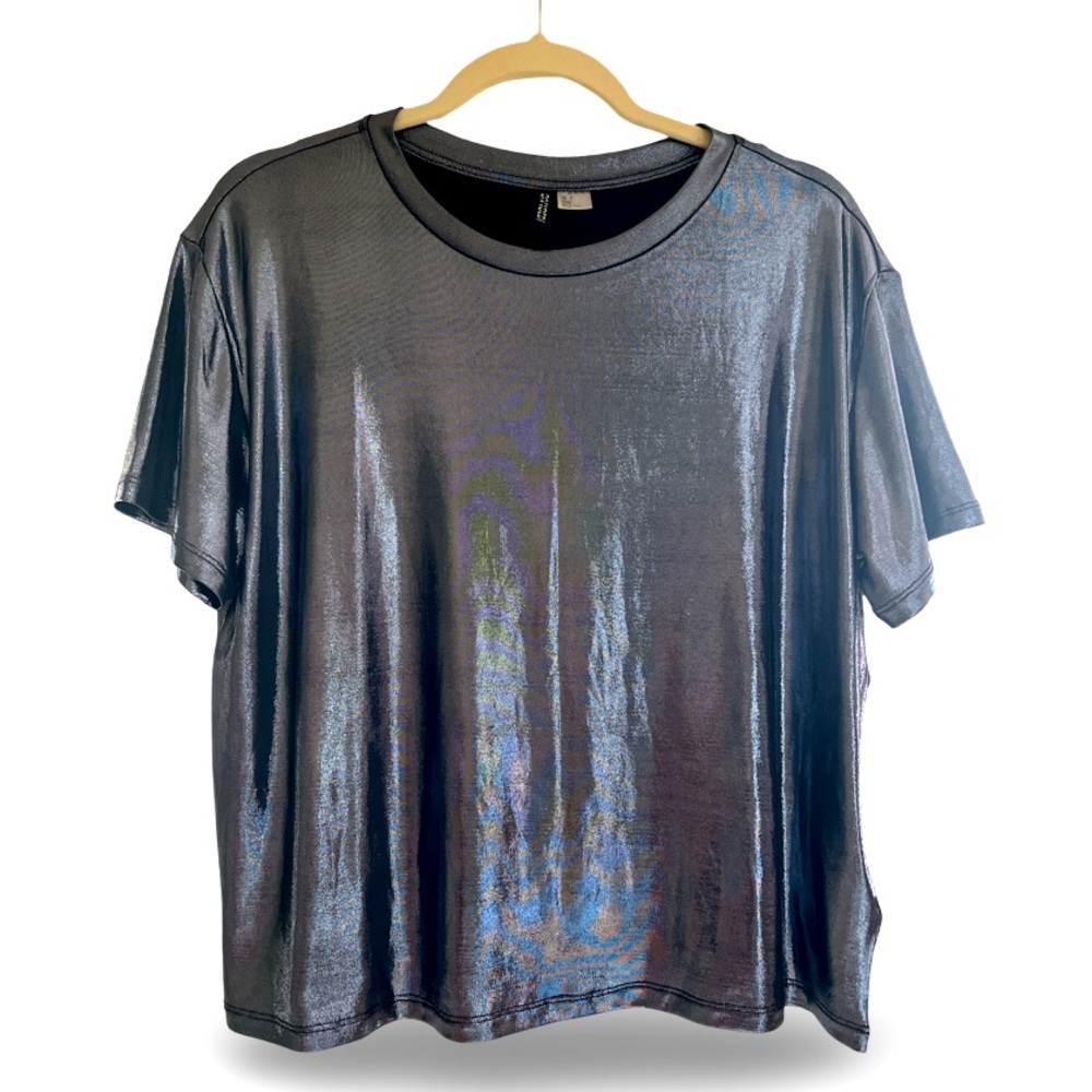 H&M divided S relaxed silver blue metallic top short sleeve